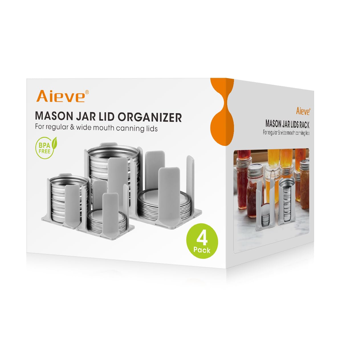 Aieve Mason Jar Lid Organizer, 4 Pack Canning Lid Storage Rack for Storing Wide & Regular Mouth Lids and Rings