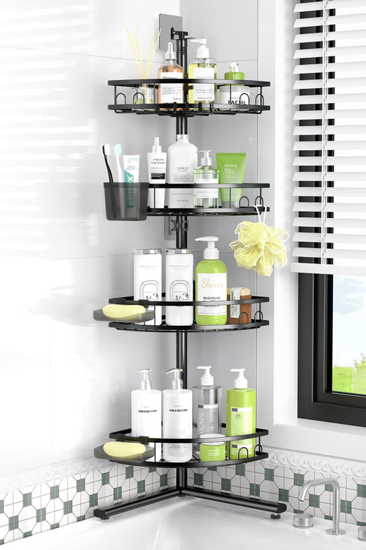 Standing Corner Shower Caddy - Rustproof Bathroom Shower Stand Shelf | 4-Tier No Drill Organizer with Adjustable Shelves for Tall Shampoo Bottles, Fits Renters Apartments Bathroom Bathtub