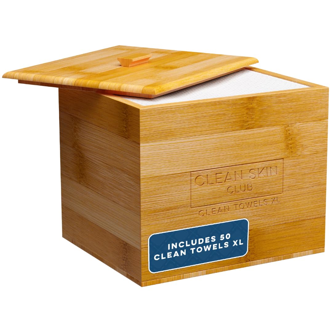 Clean Skin Club Luxe Bamboo container with Removable Cover includes Clean Towels® Original XL 50 Count, Disposable Face Towel Holder for Bathroom Counter