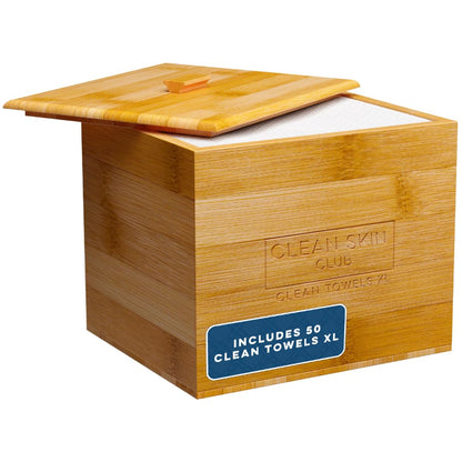 Clean Skin Club Luxe Bamboo container with Removable Cover includes Clean Towels® Original XL 50 Count, Disposable Face Towel Holder for Bathroom Counter
