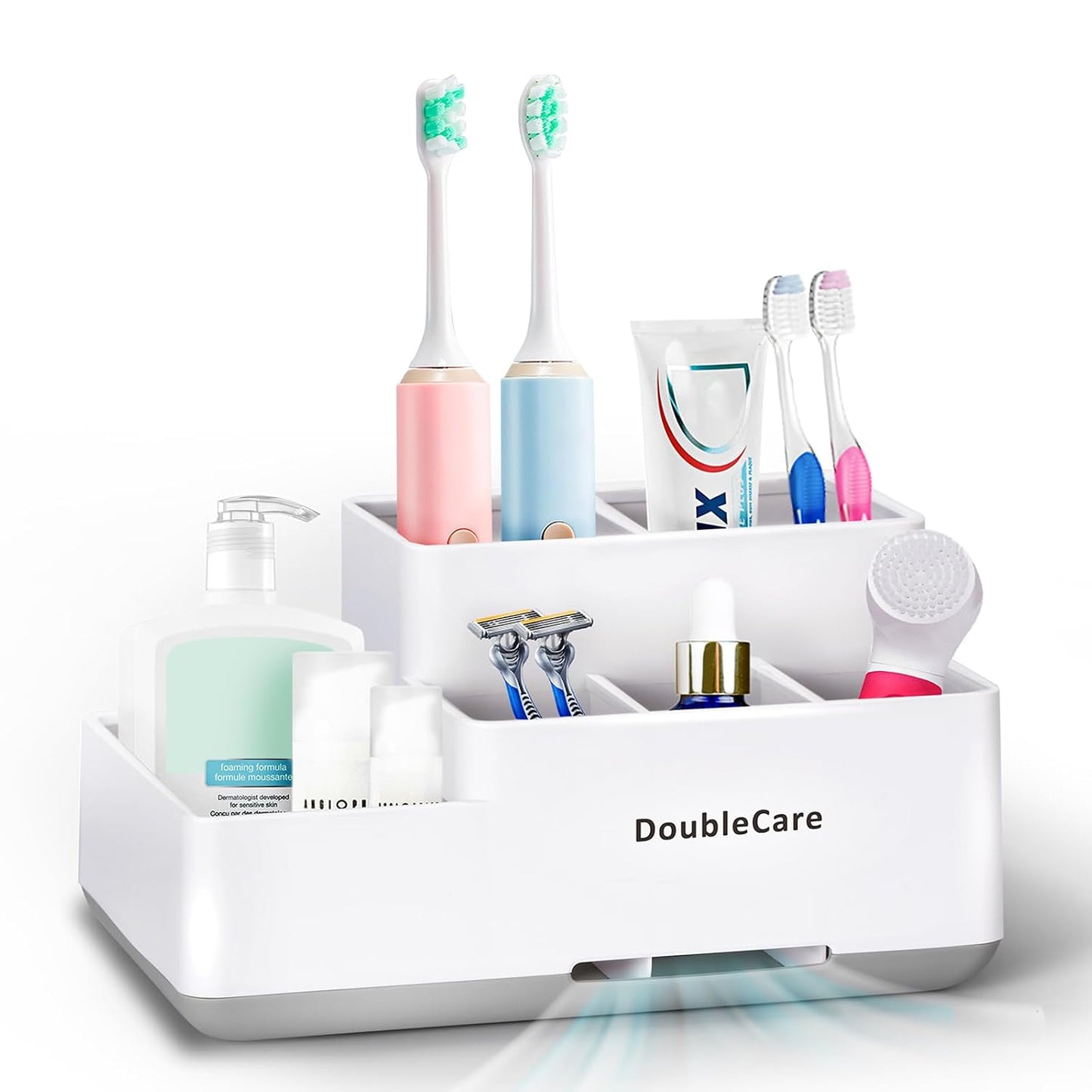 Toothbrush Holder with Anti-Slip, Bathroom Organizer Countertop Detachable | 6 Compartment Multifunctional Storage, Easy Cleaning, Bathroom Caddy for Toothpaste, Shaver,Great for Home, Vanity Organizer
