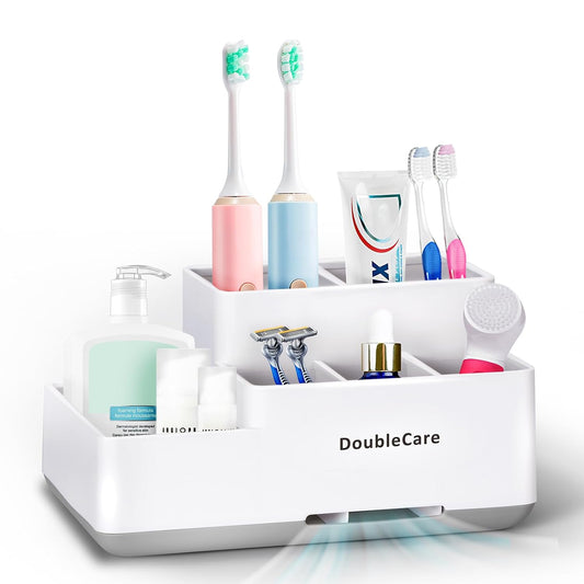 Toothbrush Holder with Anti-Slip, Bathroom Organizer Countertop Detachable | 6 Compartment Multifunctional Storage, Easy Cleaning, Bathroom Caddy for Toothpaste, Shaver,Great for Home, Vanity Organizer