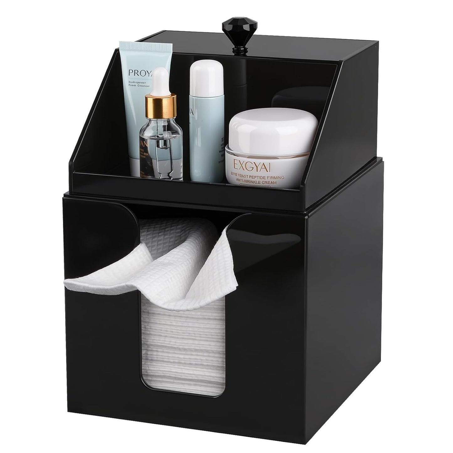 Anyoifax Disposable Facial Towels Storage Double Layer Acrylic Box, Black | Face Towelettes Holder with Clean Skin Club Clean Towel XL Cotton Pads Container Qtip Bin for Bathroom Counter