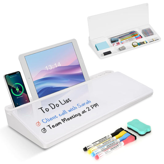 Desktop Glass Whiteboard with Storage, Desk Dry Erase White Board Stand | Computer Keyboard Stand, Office Desk Organizers and Accessories with Drawer, To Do Memo Notepad, Home School Supplies
