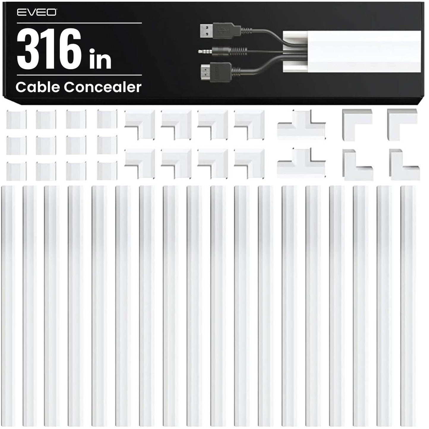 EVEO Cable Hider Wall 306” - Cable Raceway Cord Hider - Wire Covers for Cords on Wall, Cord Cover, Wall Cable Hider, Cable Concealer, Wire Hiders for TV on Wall Management-20X (L16 W0.95 H0.5) - White