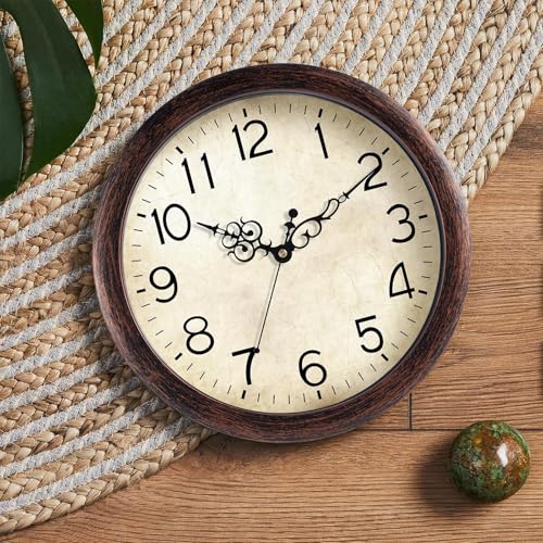 KECYET Wall Clock 10" Vintage Battery Operated Non-Ticking Quartz (Bronze) | Kitchen clock Living Room Retro Rustic Kitchen Bathroom Home Office Bronze