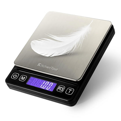 KitchenTour Mini Gram Scale for Coffee, Jewelry and Small Items, 500g x 0.01g Digital Pocket Scale with Tare, 6 Units, Back-Lit LCD, 2 Trays, Black