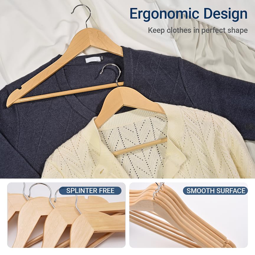 Amber Home 30 Pack Natural Wooden Coat Hangers, Wood Suit Hangers | Heavy Duty Hangers with Non-slip Pants Bar, Clothes Hangers for Closet Organization, Shirts, Jackets, Dresses, and Pants