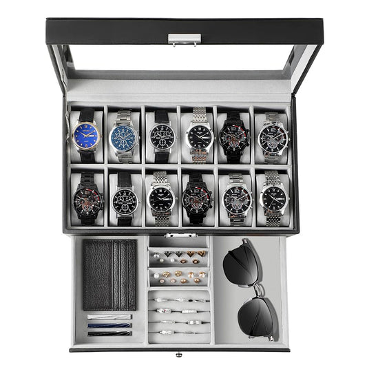 Watch Box Organizer for Men Gift, 12 Slot Watch Ca... (Black+Grey | Faux Leather)
