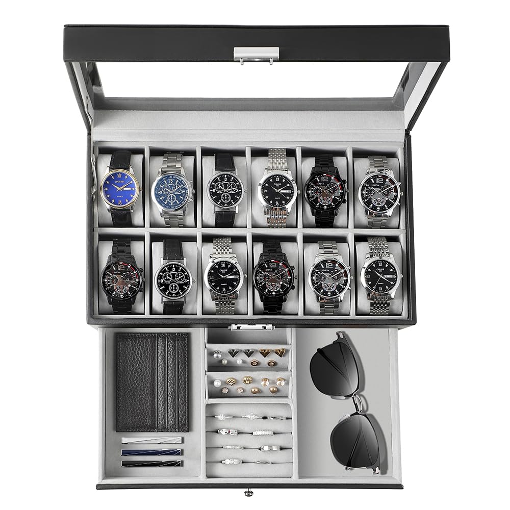 GUKA Watch Box Organizer for Men Gift, 12 Slot Watch Case with Glass Lid, 2 Tier Leather Watch Display Storage Box for Watches, Jewelry, Rings, Sunglasses & Accessories