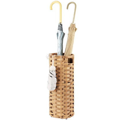 Rattan Umbrella Stand, Umbrella Holder for Entryway, Hand Woven Umbrella Rack Organizer Freestanding, with a Detachable Drip Tray, 4 Hooks, 7.5" L x 7.5" W x 16.5" H