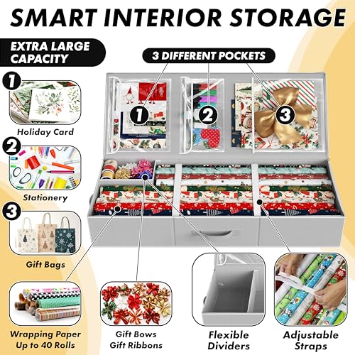 Simple Houseware 41.5" Wrapping Paper Organizer, Fits 40 Rolls, Gray | Adjustable Straps, Interior Divider for Ribbons & Bows, 3 Clear Pockets for Gift Bags & Tools, 41.5"L x 16"W