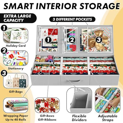 Simple Houseware 41.5" Wrapping Paper Organizer, Fits 40 Rolls, Gray | Adjustable Straps, Interior Divider for Ribbons & Bows, 3 Clear Pockets for Gift Bags & Tools, 41.5"L x 16"W