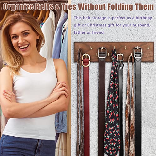 Belt Organizer, Wall Mounted Hanger for Closet, Brown | Wooden Belt Hanger Tie Hanger Space Saving Holds Over 28 Belts, Wooden Rack for Tie and Scarf Storage