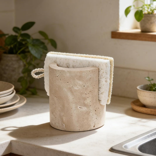 Natural Travertine Sponge Holder for Kitchen Sink Counter w A Plant-Based Kitchen Sponge, Fast Drying, Durable, Compact, Wabi-Sabi & Unique Sponge Caddy, Sink Organizer, Beige Travertine Home Decor