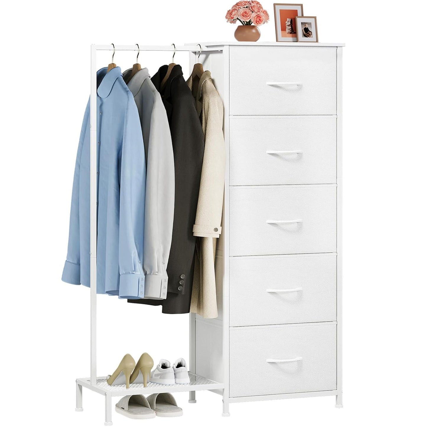 Somdot Dresser with Hanging Rack, 5 Drawers Small Closet for Bedroom | Reversible Clothes Rack, Kids Chest of Drawers, Tall Storage Tower, White