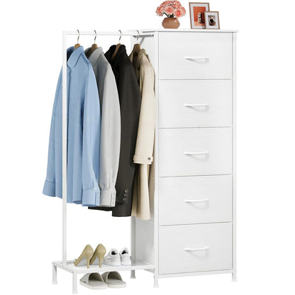Somdot Dresser with Hanging Rack, 5 Drawers Small Closet for Bedroom | Reversible Clothes Rack, Kids Chest of Drawers, Tall Storage Tower, White