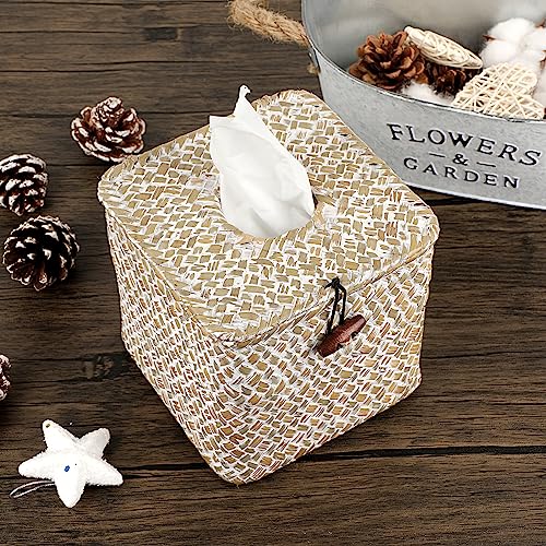Sumnacon Tissue Box Cover Square Seagrass Tissue Box with Lid, Woven Tissue Box Holder Rustic Cube Tissue Cover for Bathroom Toilet Bedroom Living Room Kitchen Table Desk Office Car, Whitewash