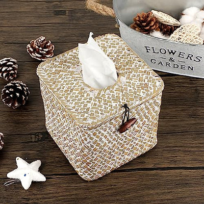 Sumnacon Tissue Box Cover Square Seagrass Tissue Box with Lid, Woven Tissue Box Holder Rustic Cube Tissue Cover for Bathroom Toilet Bedroom Living Room Kitchen Table Desk Office Car, Whitewash