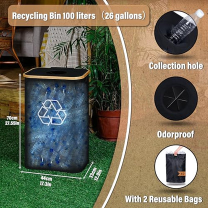 efluky Recycling Bin for Kitchen 26 Gallon, 100L Recycle Bin with 2 Removeable and Reusable Inner Bag, Large Recycling bin with lid for Bottle Can Plastice Stickers (Black)