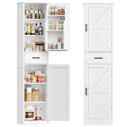 Tall Storage Cabinet with 3 Door Shelves & 1 Drawer, Narrow Kitchen Pantry Cabinet for Living Room, Bathroom, Entryway, White