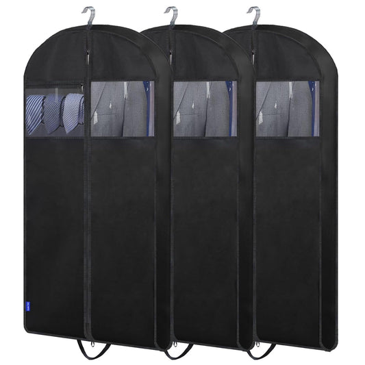 45" Suit Bags for Closet Storage and Travel, Gusseted Garment Bags with Large Back Pocket for Hanging Clothes, Suit Cover With Handles for Suits, Tuxedos, Coats, Shirts, Dresses (Black 3Pack)