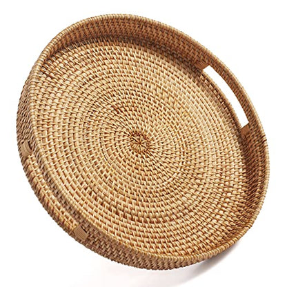 Coffee Table Tray Round Rattan Ottoman Tray Woven Serving Trays with Handles for Home and Kitchen Decorative Natural (Large 14 inch x 2.4 inch)