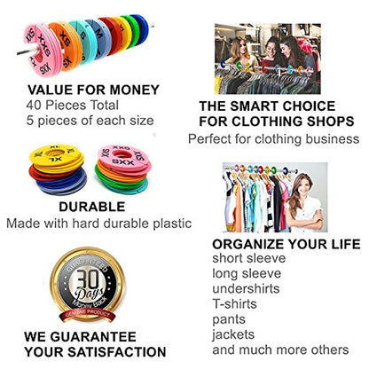 Clothing Rack Size Dividers for Retail Shops, XXS-XXXL, 40 Pieces, 8 Colors | Round Plastic Size Rings, Tags, Hangers, or Separators for Shirt, Closet, and Garment Racks, Small Medium Large