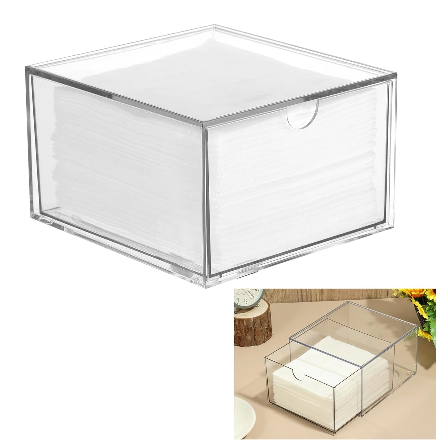 Rainmae Disposable Face Towel Holder, Face Towel Storage Box Bin, Stackable Clear Makeup Organizer with Drawer for Clean Skin Club Face XL Towels Holder for Vanity Bathroom and Makeup Organization