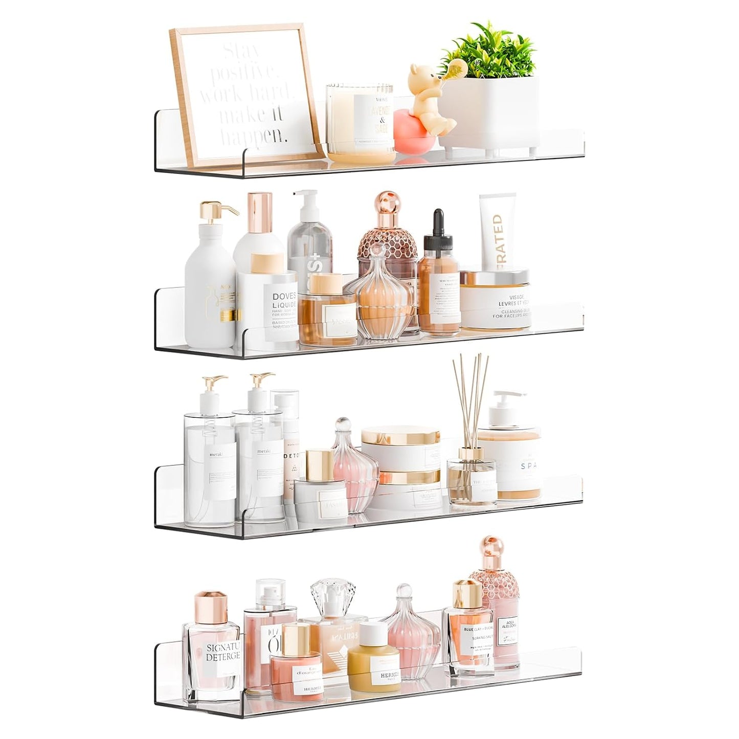 4 Pack 15" Acrylic Shelves for Wall,Bathroom,Bedroom - with Adhesive - No Drilling Clear Floating Shelves for Funko Pop,Lego,Action Figures,Nail Polish,Perfume Shelf and Wall Storage & Display