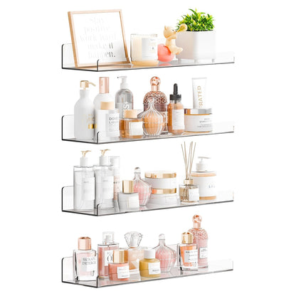 4 Pack 15" Acrylic Shelves for Wall,Bathroom,Bedroom - with Adhesive - No Drilling Clear Floating Shelves for Funko Pop,Lego,Action Figures,Nail Polish,Perfume Shelf and Wall Storage & Display