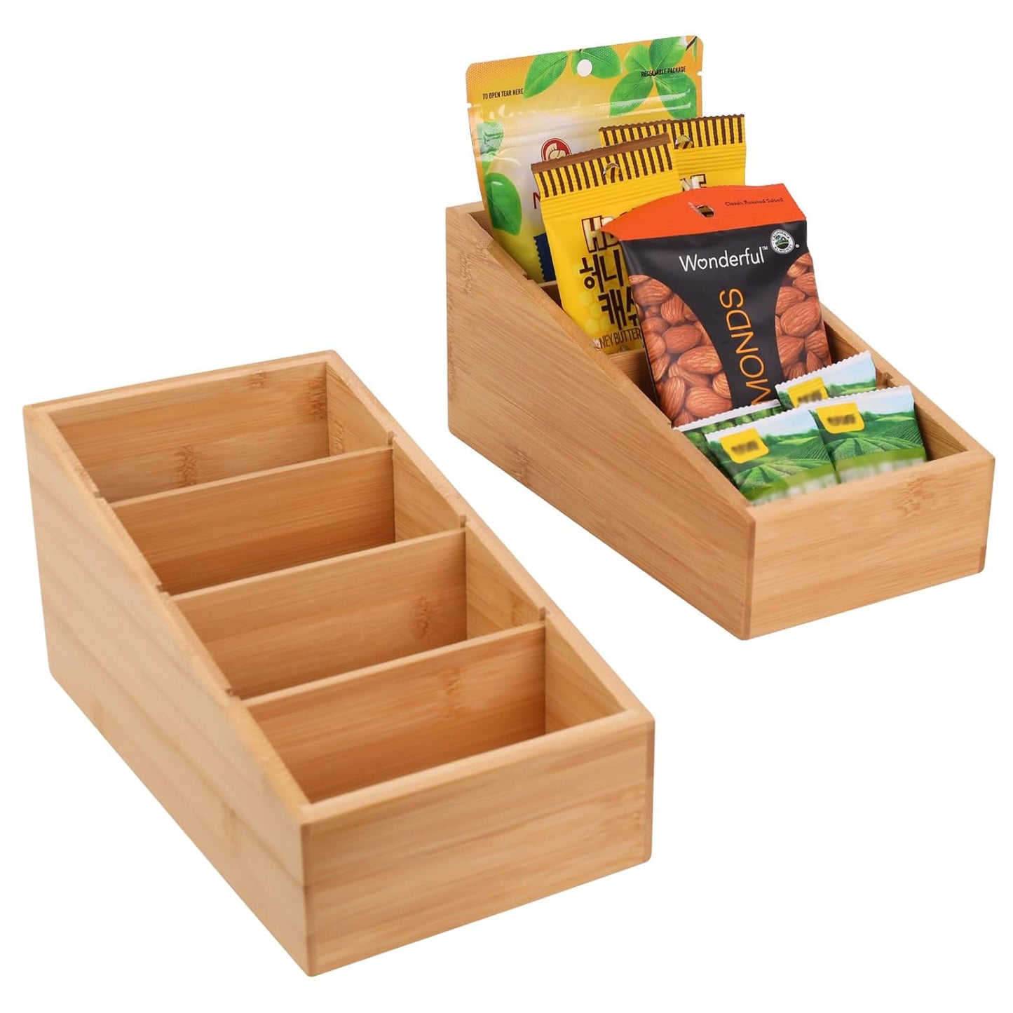 HTB 4-Section Snack Organizer with Removable Dividers for Kitchen 2 Pack | Bamboo Pantry Storage Organization for Spice Packets, Seasoning Pouches, Coffee Pods,Food,Drawer Countertop,Easy Access