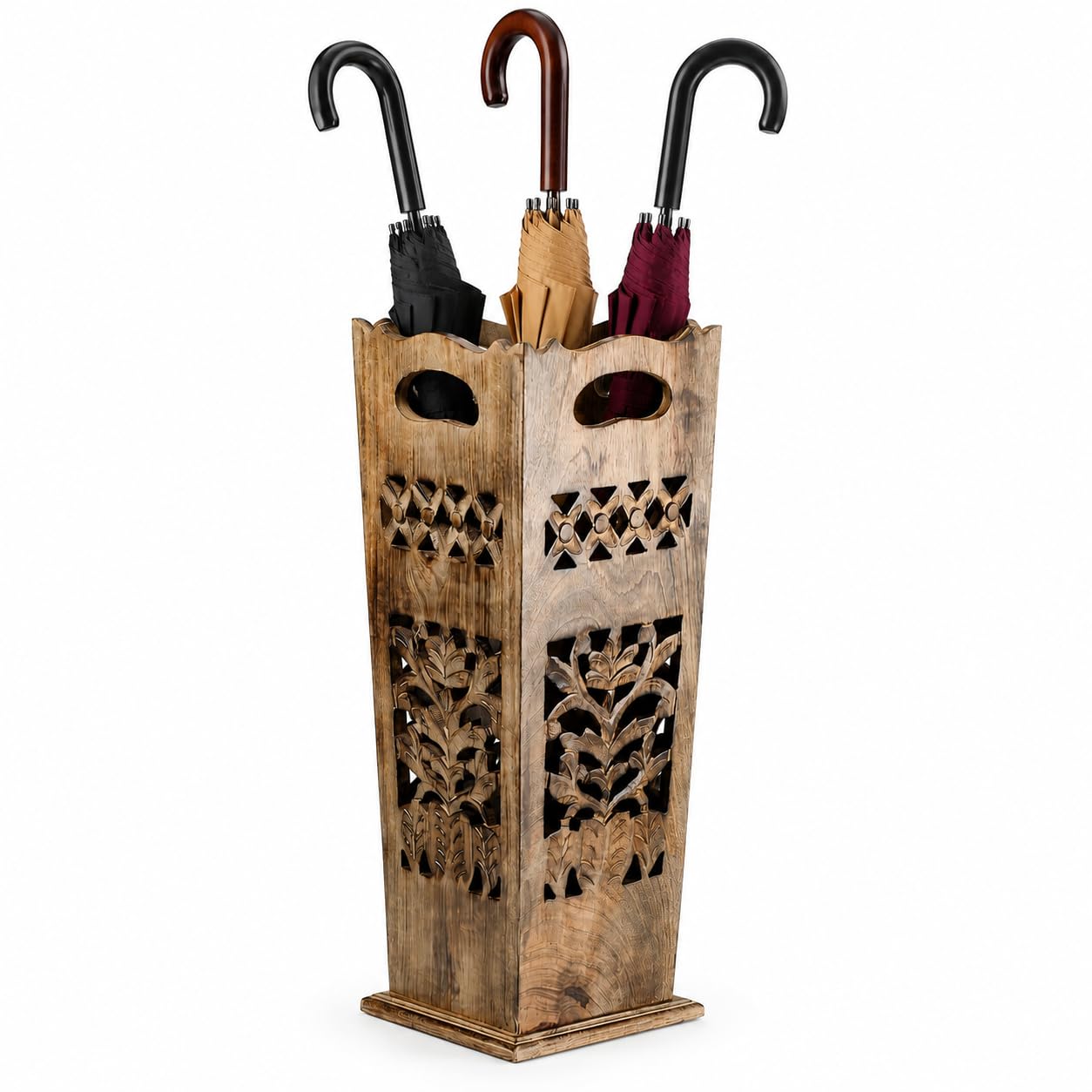 Antique Wooden Umbrella Stand & Walking Cane Holder for Home, Office & Entryway | Hand-Carved Solid Wood Umbrella & Cane Storage Rack | Size 21.5 x 8 x 8 in, Base 7.5 x 7.5 inches (Paisley)