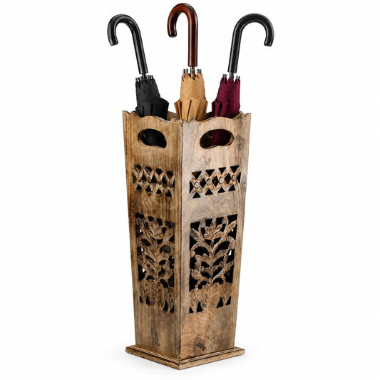 Antique Wooden Umbrella Stand & Walking Cane Holder for Home, Office & Entryway | Hand-Carved Solid Wood Umbrella & Cane Storage Rack | Size 21.5 x 8 x 8 in, Base 7.5 x 7.5 inches (Paisley)