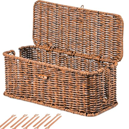 BROWNLILY Cable Management Box, Rattan Style Cord Organizer for Desk Cord Hider Outlet Covers for Power Strip TV PC Router Charger Under Desk Storage with Lockable Lid and Cable Ties
