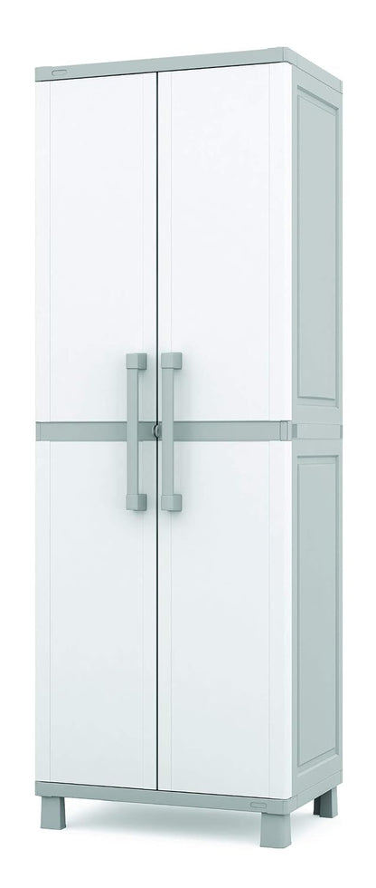 Keter Storage Cabinet with Doors and Shelves for Laundry Room, Garage, Bathroom Accessories, Closet and Home Organization, White & Grey