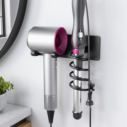Hair Dryer Holder + Curling Iron Holder,Blow Dryer... (Matte Black | Matte Metal)