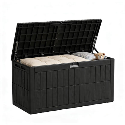 Outdoor Storage Box, 100 Gallon Waterproof Lockable Deck Box | Resin Storage Bin for Patio Furniture Cushions, Garden Tools, Pool Supplies Organization, Indoor & Outdoor Use