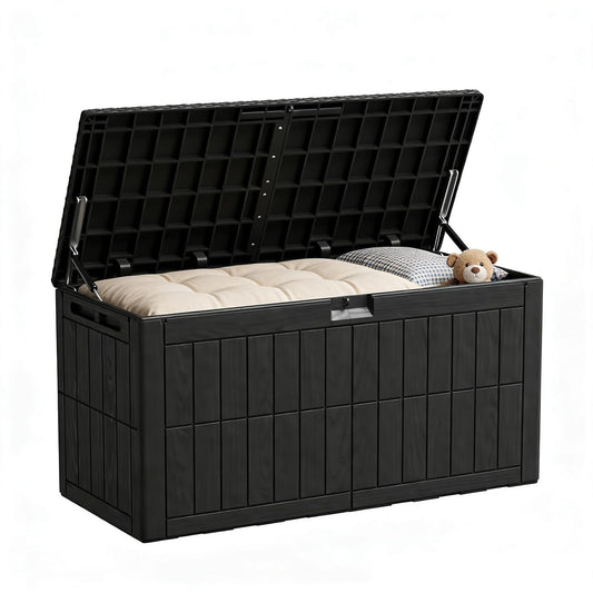 Outdoor Storage Box, 100 Gallon Waterproof Lockable Deck Box | Resin Storage Bin for Patio Furniture Cushions, Garden Tools, Pool Supplies Organization, Indoor & Outdoor Use