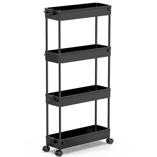 Slim Rolling Storage Cart, 4 Tier Bathroom Cart Or... (Black | Plastic)