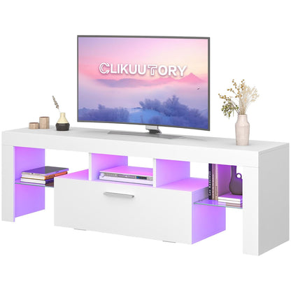 Clikuutory Modern Lighting 51 inch TV Stand with Large Storage Drawer for 32 40 50 55 Inch TVs, TV Console with 20 Color LED Lights, Entertainment Center Media and Open Shelf for Bedroom, White