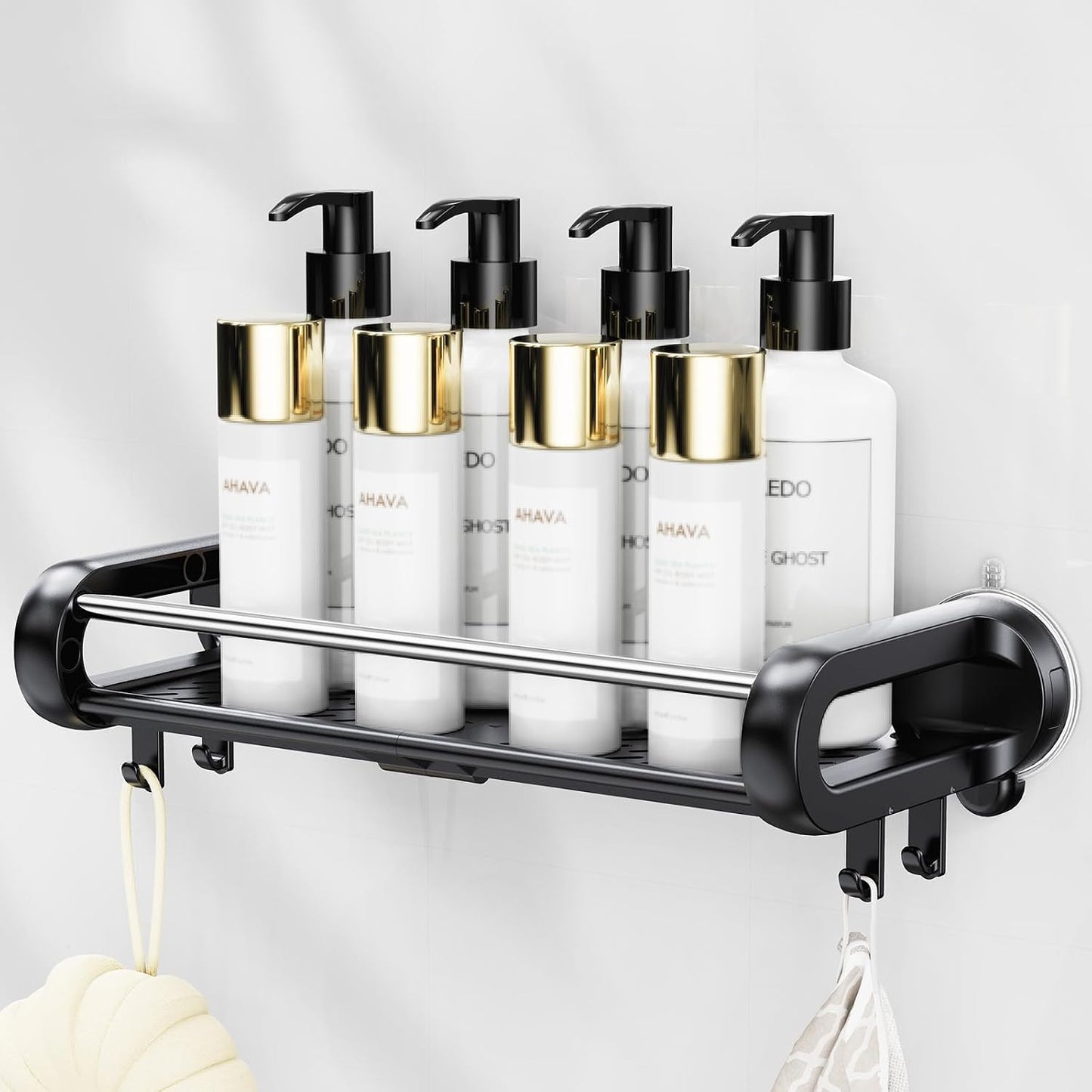 JOTPE Suction Cup Shower Shelf, Removable, Holds 22lbs, No Drilling, Black | suction cup shower shelf bathroom storage 22lbs removable reusable no marks quick drain easy install no drill smooth durable