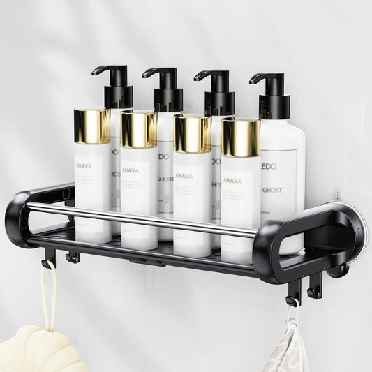 JOTPE Suction Cup Shower Shelf, Removable, Holds 22lbs, No Drilling, Black | suction cup shower shelf bathroom storage 22lbs removable reusable no marks quick drain easy install no drill smooth durable