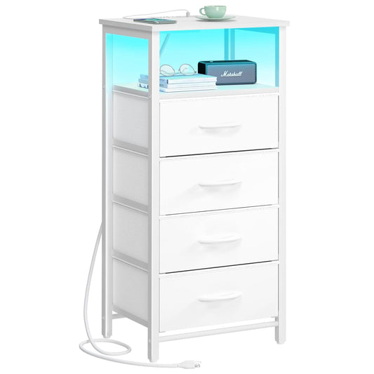 Night Stand - LED White Nightstand with Charging S... (White | Engineered Wood)