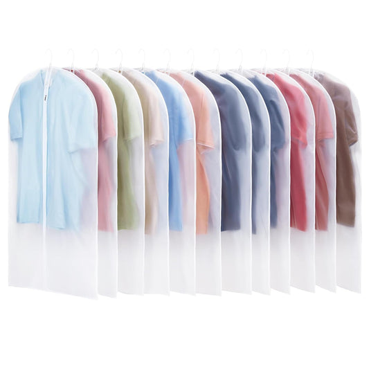 Carbrea 12 Pack Translucent Garment Bags for Hanging Clohes - 24" x 42" | Thick PEVA Materials, Smooth Zipper, with Zipper Protection, Breathable, Washable, Reusable, for Closet Storage, Travel Use