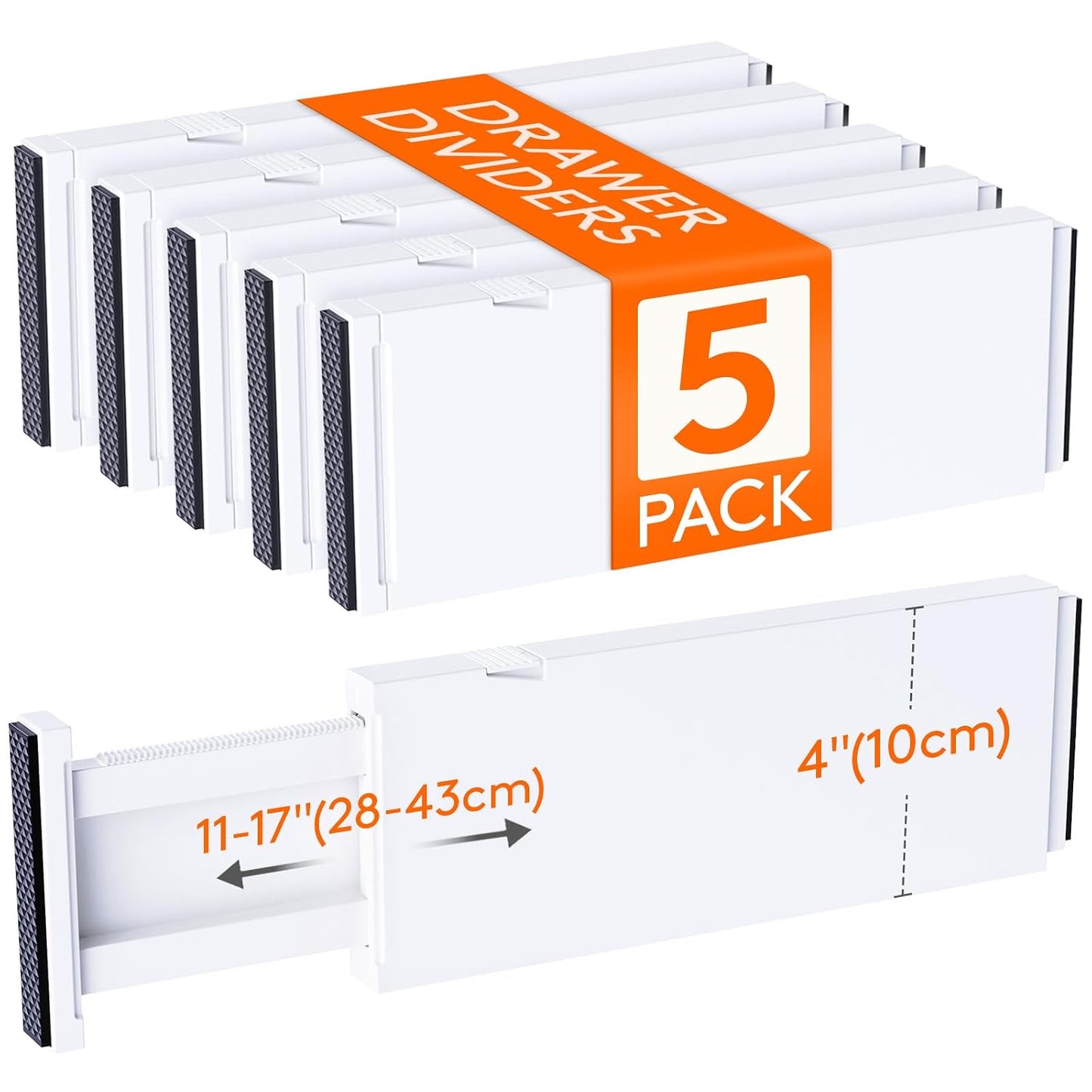 Lifewit 5 Pack Upgrade Drawer Dividers for Clothes, 4" High 11"-17" Adjustable Dresser Drawer Organizers, Expandable White Plastic Drawer Separators for Kitchen, Nursery, Office Organization & Storage
