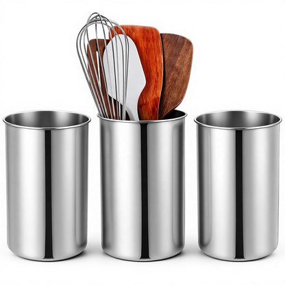 3 Pcs Stainless Steel Utensil Holders for Kitchen Counter, 5.5" x 7.3" Silver Cylinder Countertop Utensil Organizer Heavy Base and Dishwasher Safe for Home Cafe Restaurant Cooking Utensils