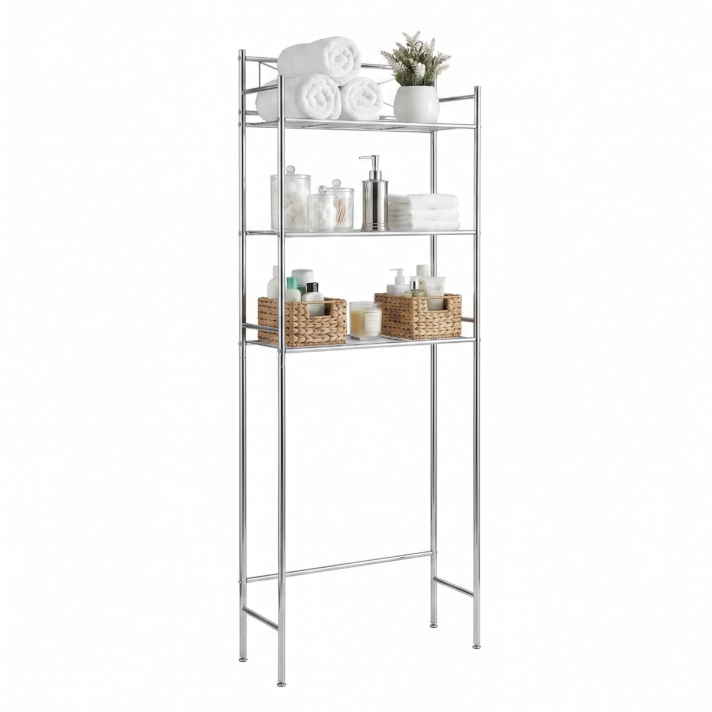 Honey-Can-Do 3-Tier Metal Bathroom Shelf Space Saver, Over The Toilet Storage Rack Organizer, Adjustable Chrome Wire Shelving Unit for Towels & Toiletries, 9.5 x 23 x 60 in