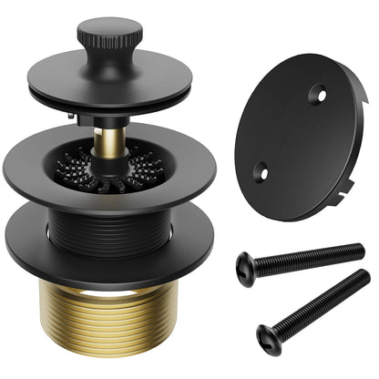 Bathtub Drain Stopper Tub Trim Set with Two-Hole Overflow Faceplate | 11.5/16 UNC Tub Drain Hair Catcher, Premium Brass Lift and Turn Twist Tub Drains Replacement Trim Kit, Matte Black