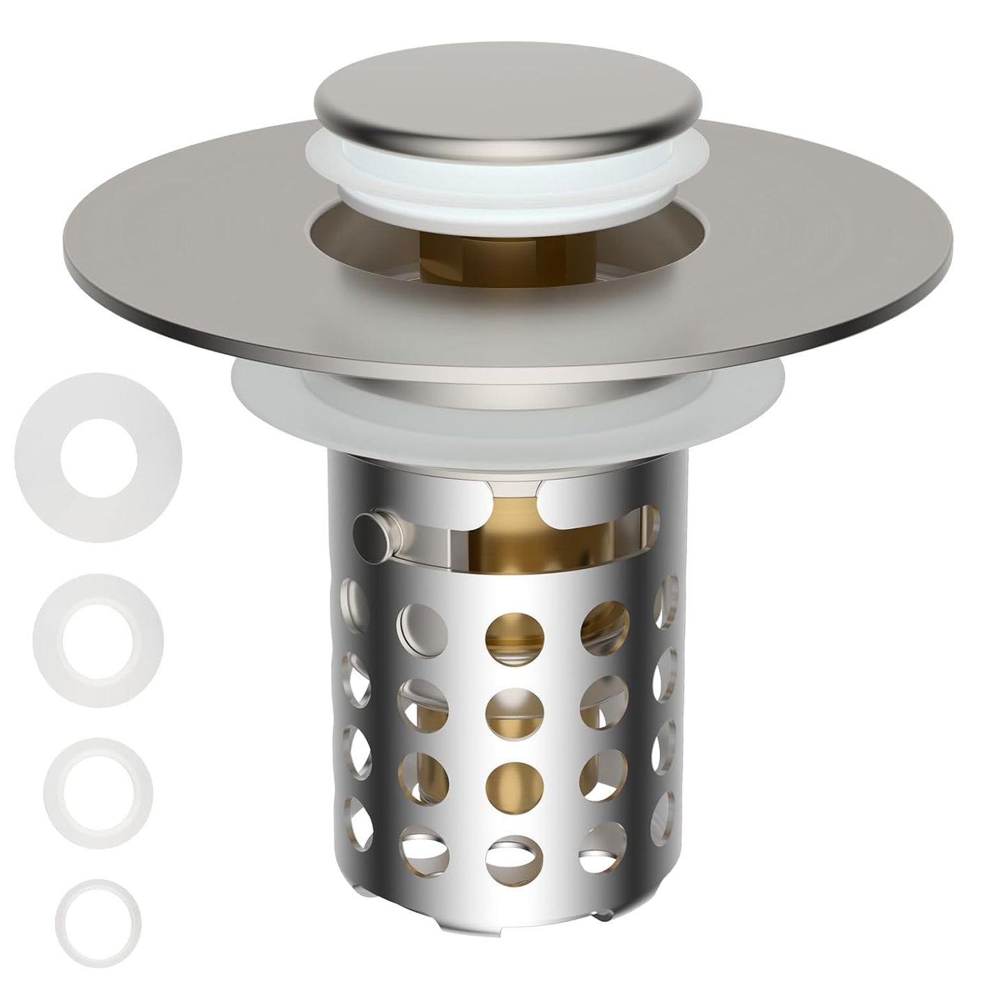 Universal Bathroom Sink Drain Strainer Hair Catcher, Brushed Nickel | Upgraded with Removable Stainless Steel Filter Basket, 3 in 1 Pop Up Sink Stopper for 1.1''~2.36'' Sink Basin Hole
